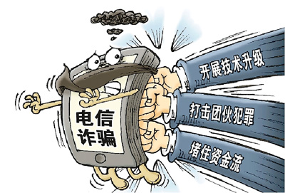 相關部門為破解電信詐騙這個多年頑疾，從開展技術升級、打擊團伙犯罪和堵住資金流三大路徑進行了突破。 新華社發 徐 駿作